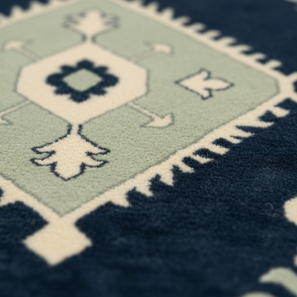 Close-up of a patterned rug showing a pale sage green field with cream geometric motifs and a dark navy border.