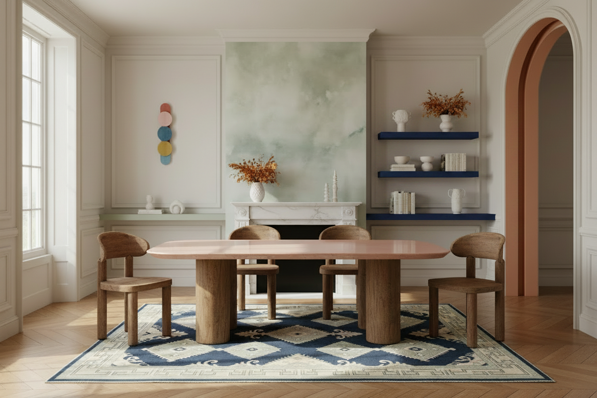 Dining room with blue knotted rug, wooden table and chairs, large mirror, and decorative shelves.