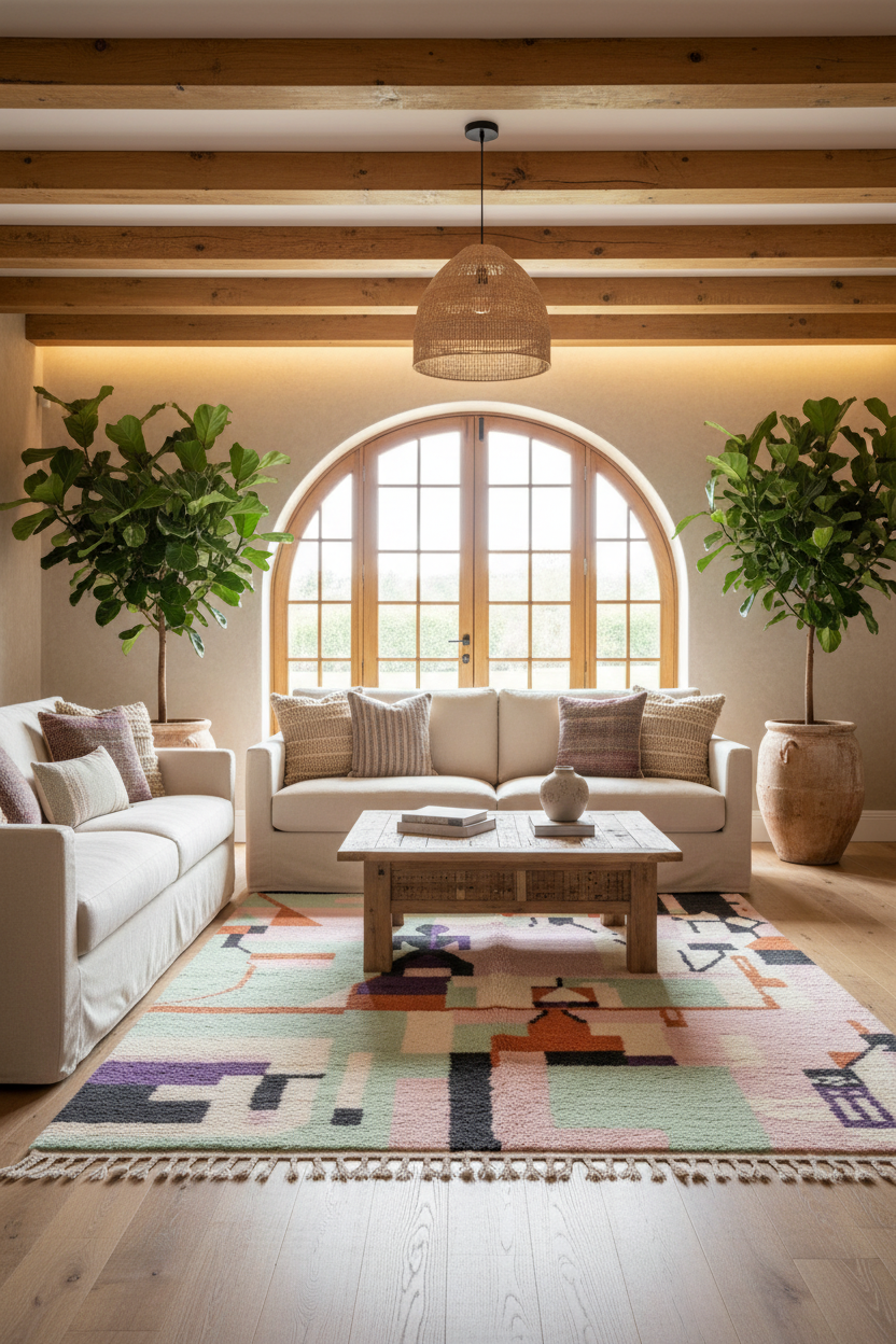 A beautifully styled living room featuring a cream-colored sofa, a colorful geometric area rug, a wooden coffee table, and large potted fiddle-leaf fig plants flanking an arched window.