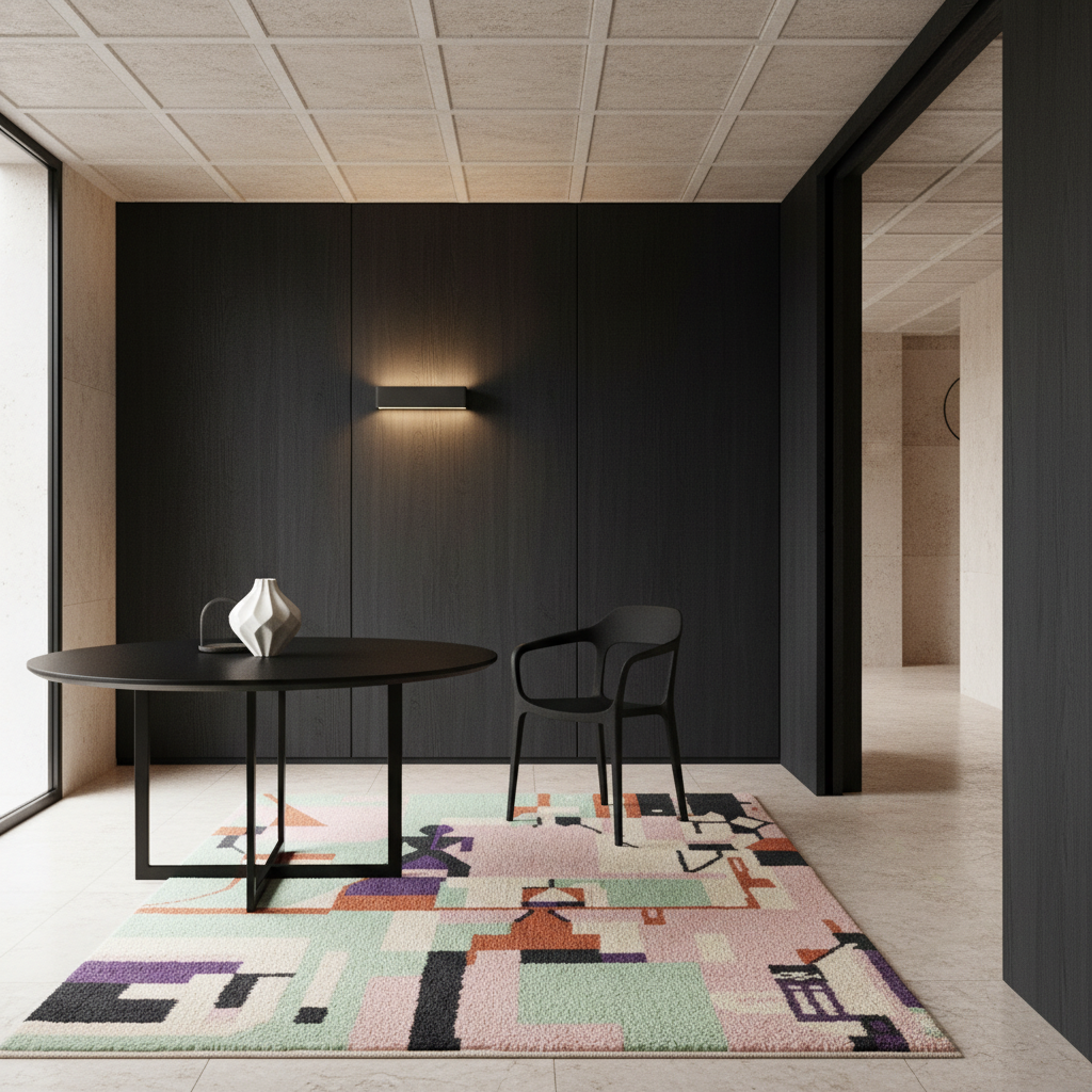 A modern interior scene with a round black dining table, a black chair, a white vase, and a colorful geometric area rug on a light stone floor. The room has a dark wood-paneled wall, a black wall sconce, and a textured ceiling.