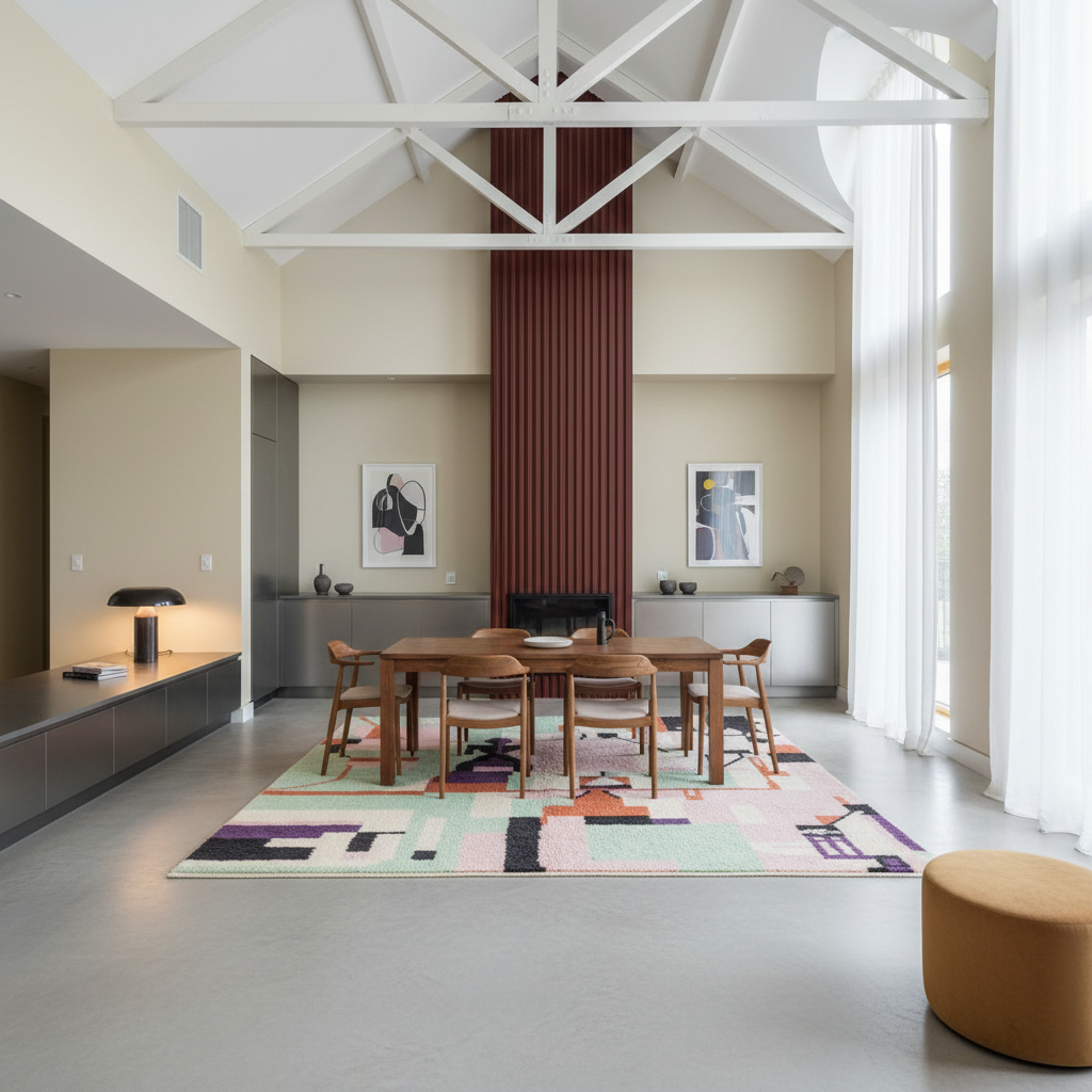 A modern dining room with a rectangular wooden dining table and four matching wooden chairs placed on a colorful geometric area rug. The room features a high ceiling with white exposed beams, a tall dark red ribbed wall panel, and light gray flooring.