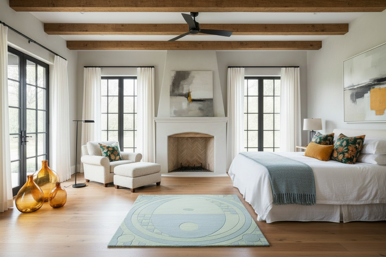 Modern bedroom with wooden beams, geometric rug, large windows, and a fireplace.