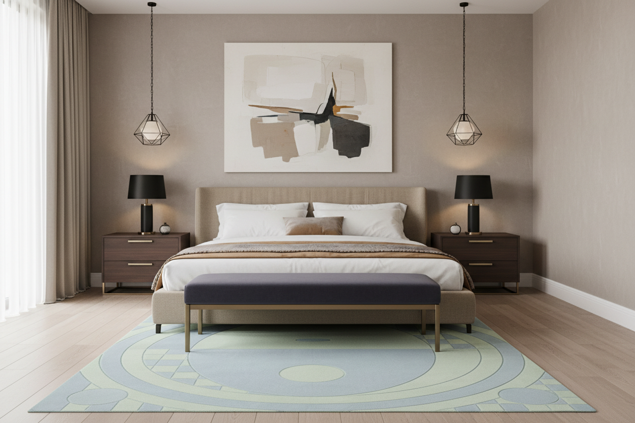 Modern bedroom with a bed, nightstands, and abstract art on the wall.