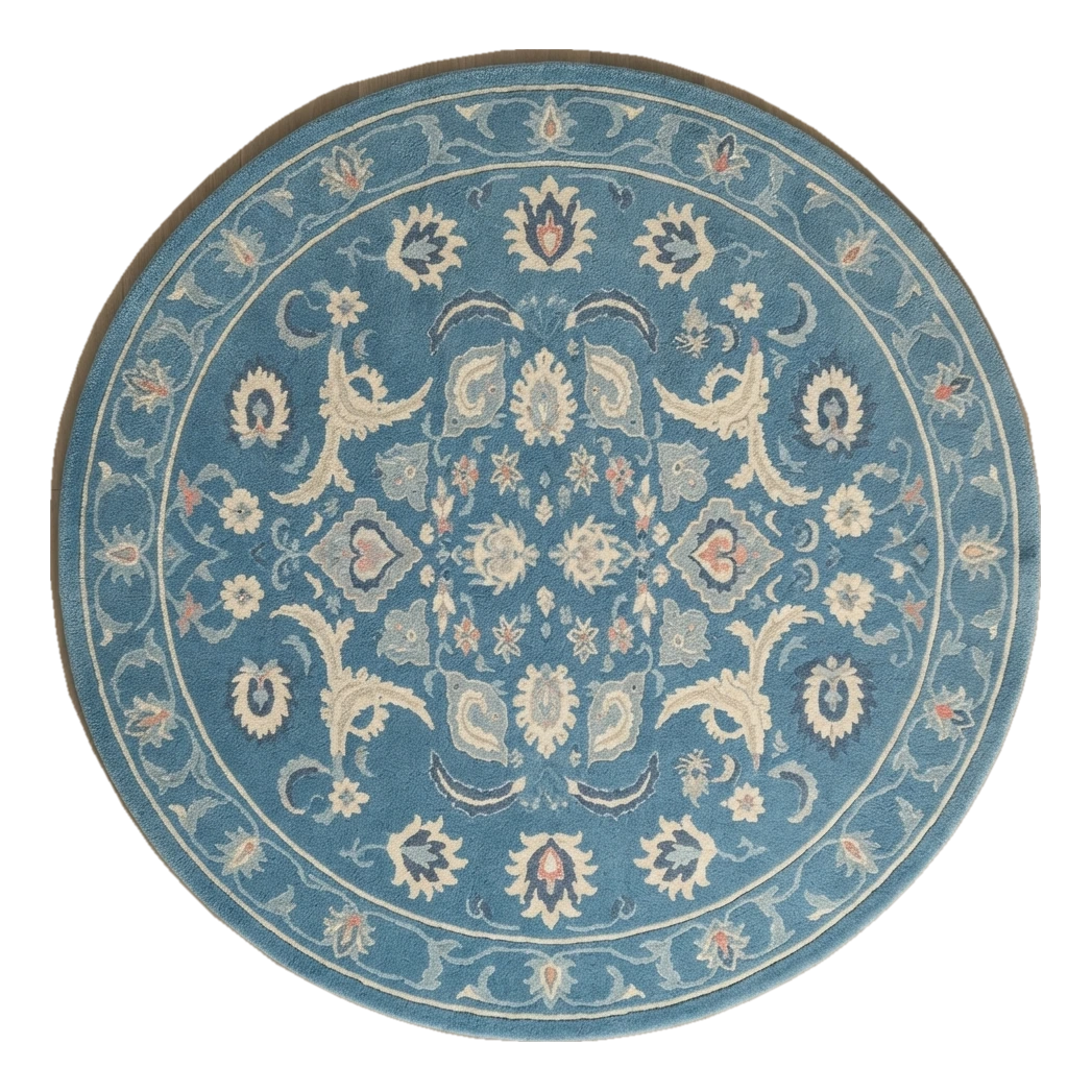 Azure Palmette Halo Round Hand Tufted Wool Rug - alternate view