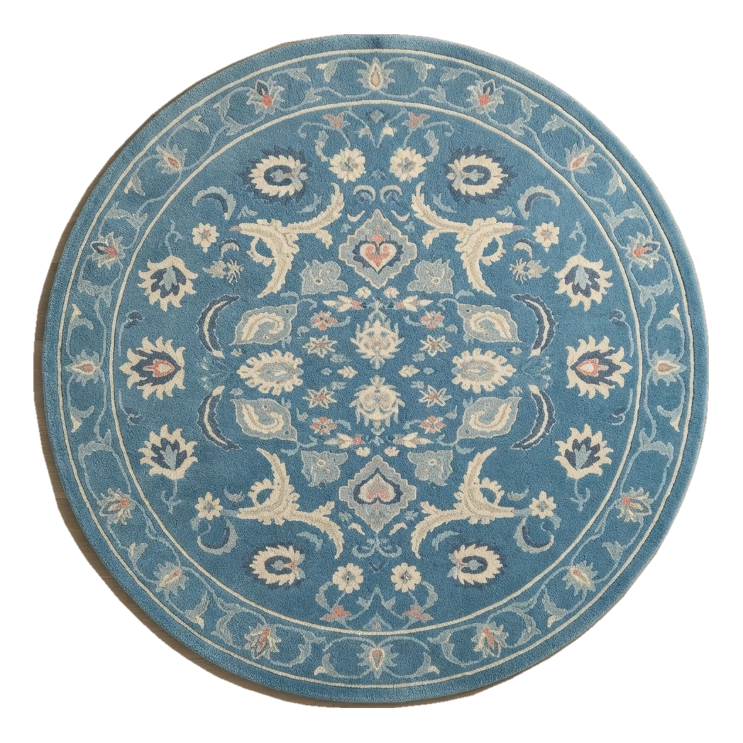 Azure Palmette Halo Round Hand Tufted Wool Rug