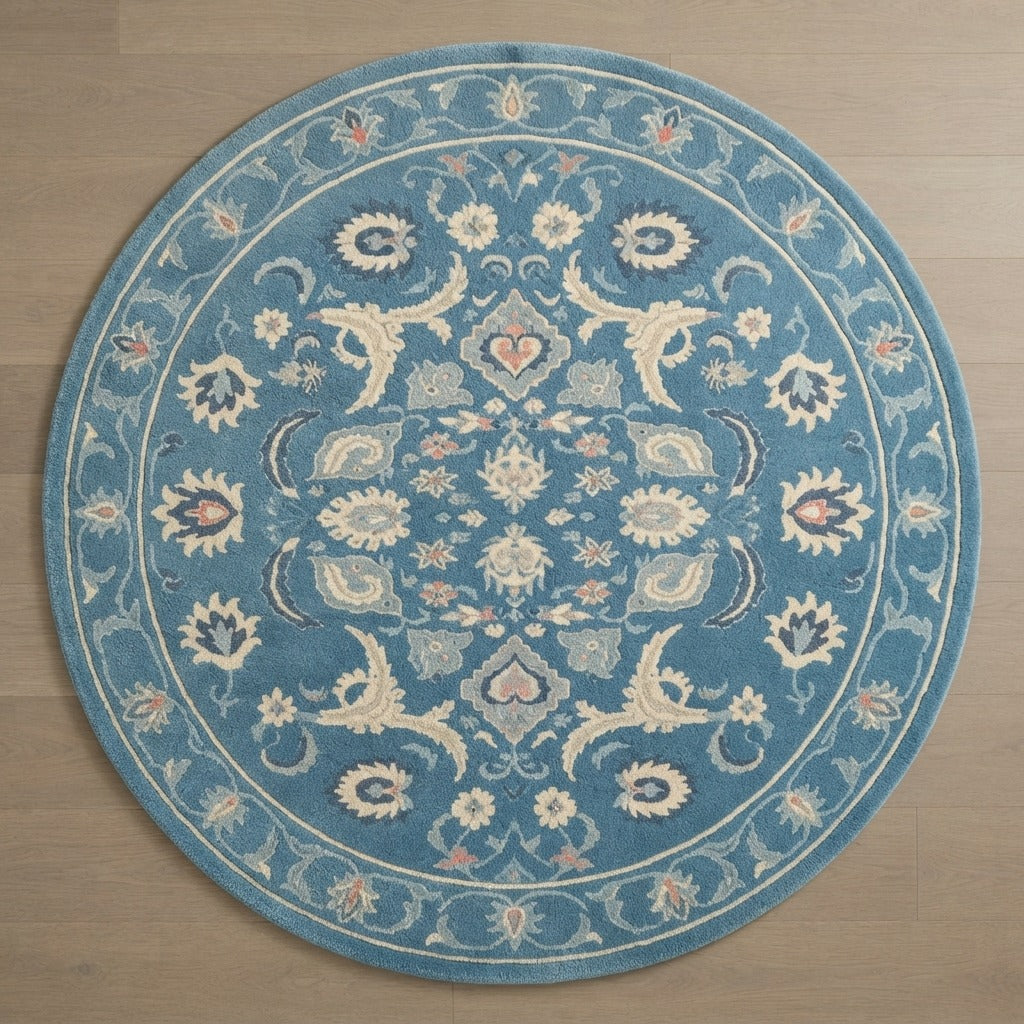 Azure Palmette Halo Round Hand Tufted Wool Rug - studio photo