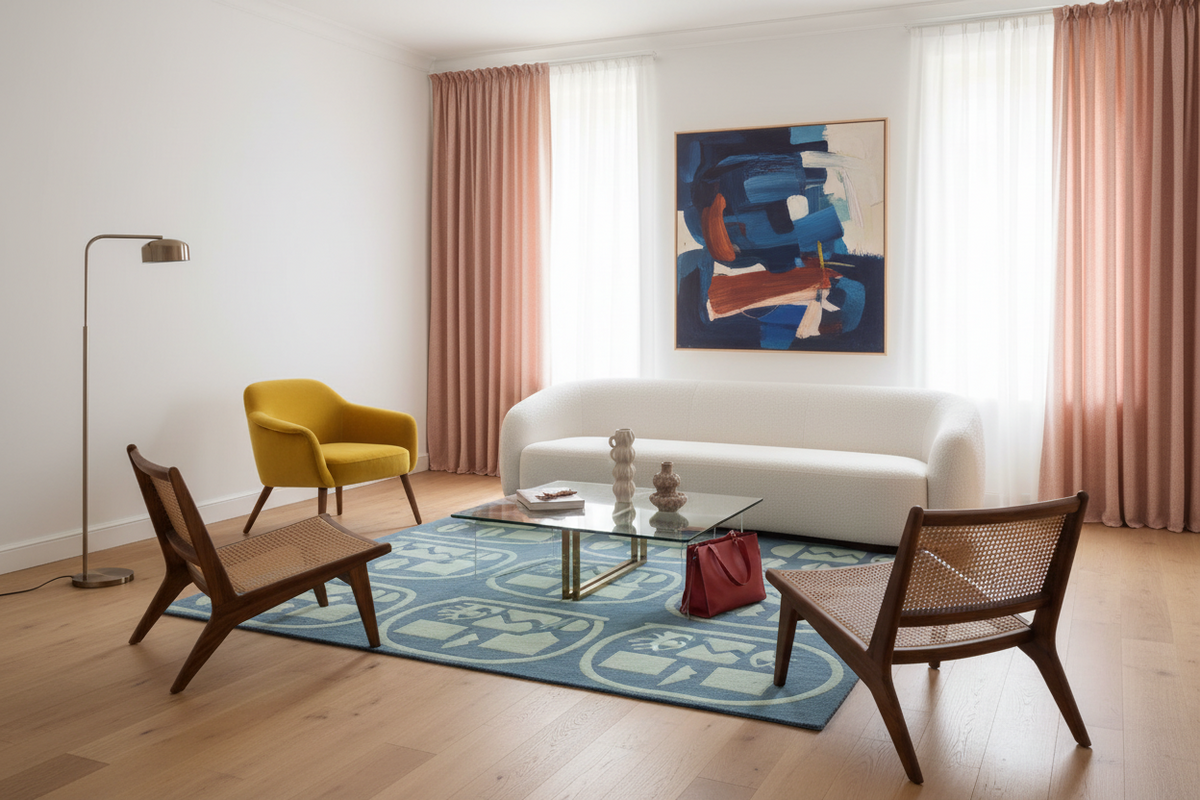 Modern living room with a white sofa, yellow chair, wooden chairs, and abstract art on the wall.