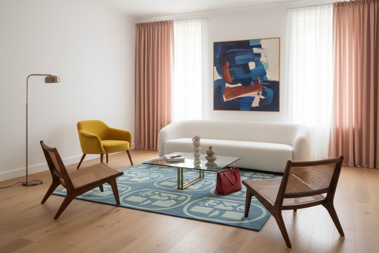 Modern living room with a white sofa, yellow chair, wooden chairs, and abstract art on the wall.
