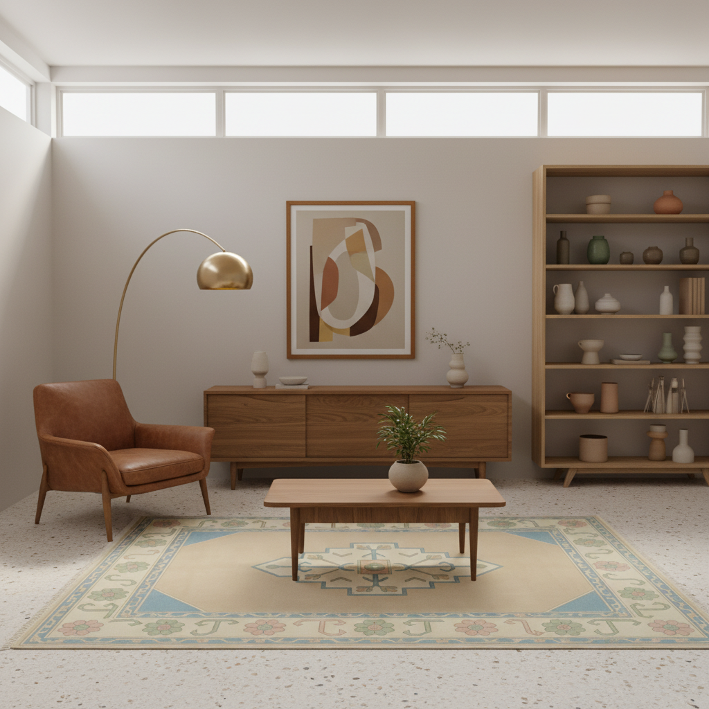 A styled mid-century modern living room featuring a brown leather armchair, a wooden sideboard, a brass floor lamp, a patterned area rug, and a matching wooden coffee table. The room is decorated with a framed abstract art print and a tall wooden bookshelf filled with decorative ceramic vases and books.