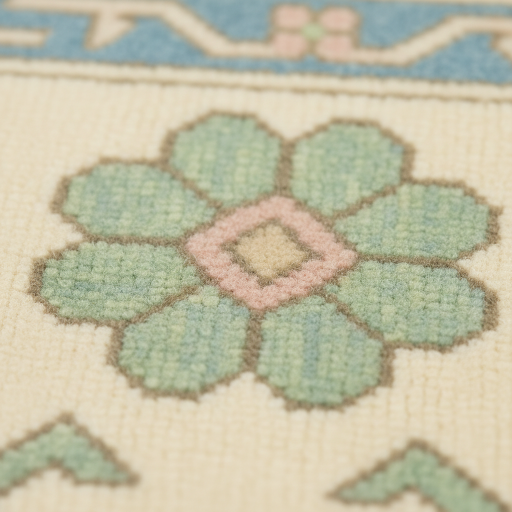 Close-up of a woven textile pattern featuring a large pale green flower with a pink diamond center on a cream background.