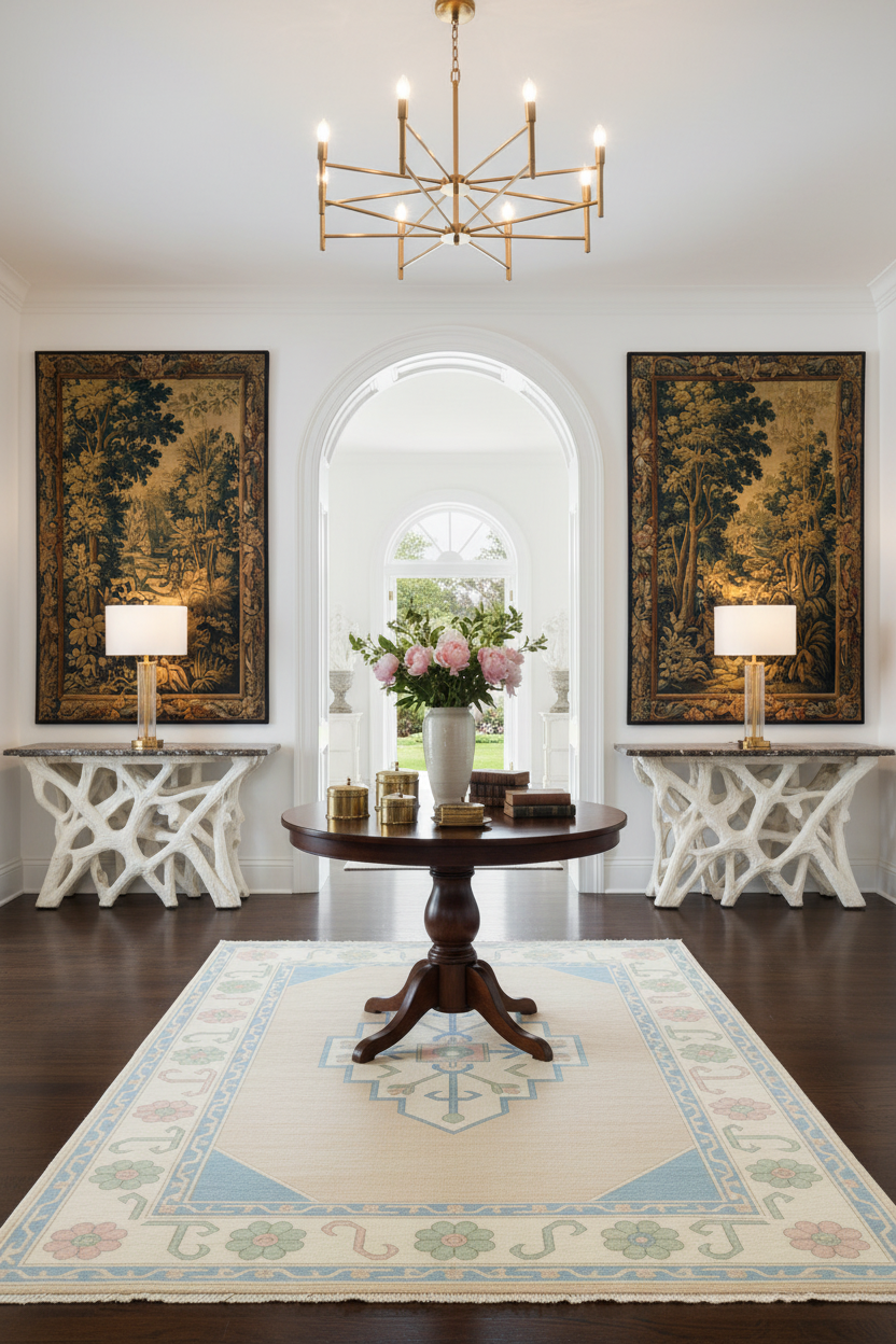 Living room with a tribal rug, a round wooden table, floral arrangement, and decorative lamps.