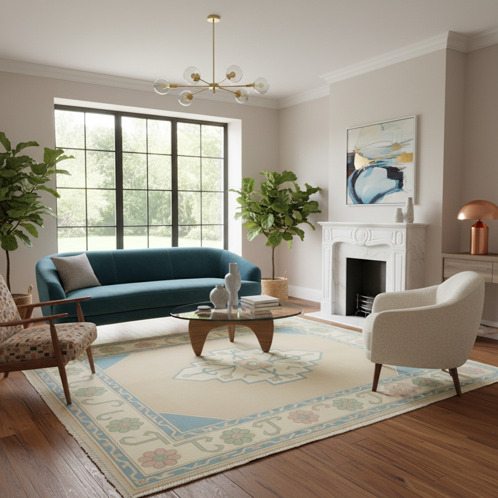 A styled living room interior with a teal curved sofa, cream armchair, patterned wood chair, round glass-top coffee table, large area rug, plants, fireplace, and wall art.