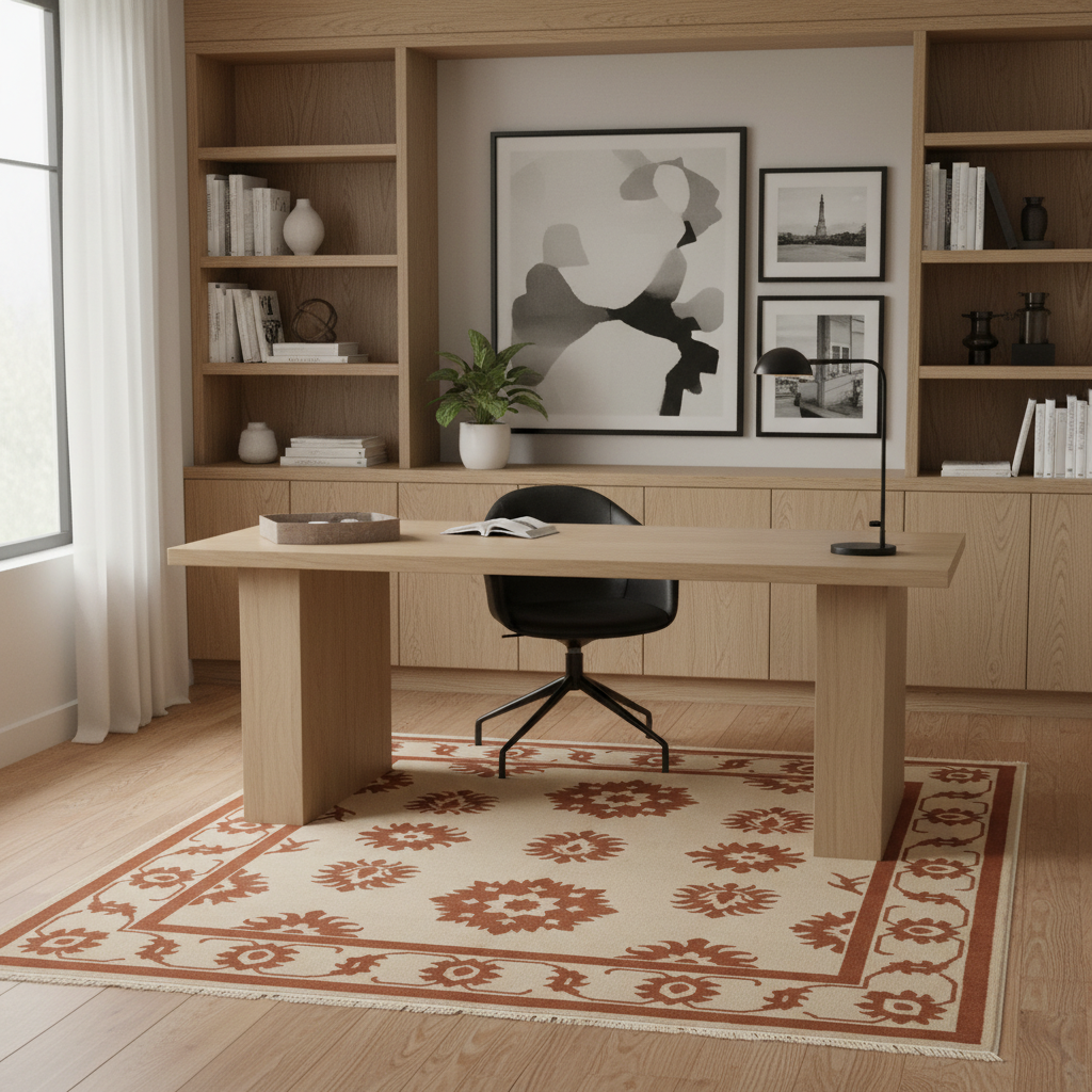 Modern home office with wooden desk, bookshelves, and abstract rug.