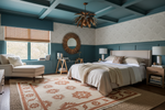 Modern bedroom with blue walls, white bed, and decorative rug.