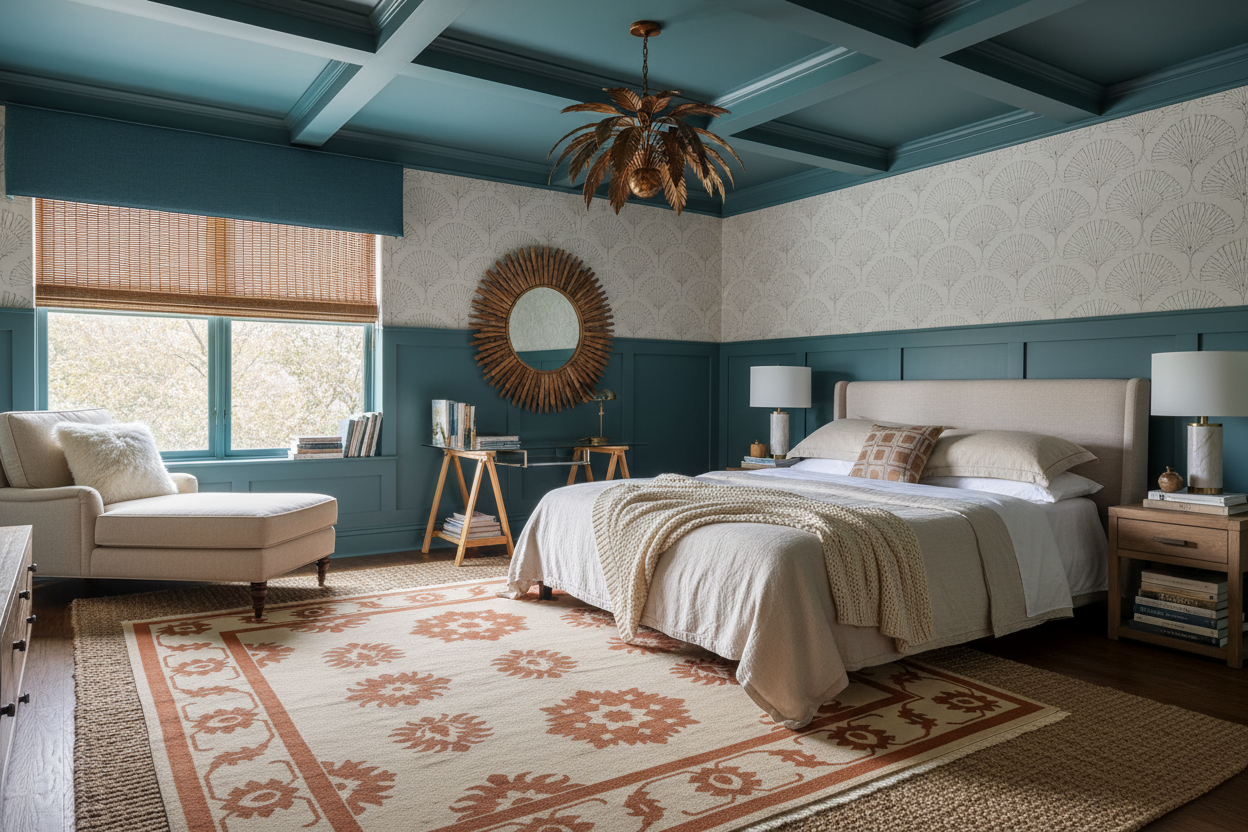 Modern bedroom with blue walls, white bed, and decorative rug.