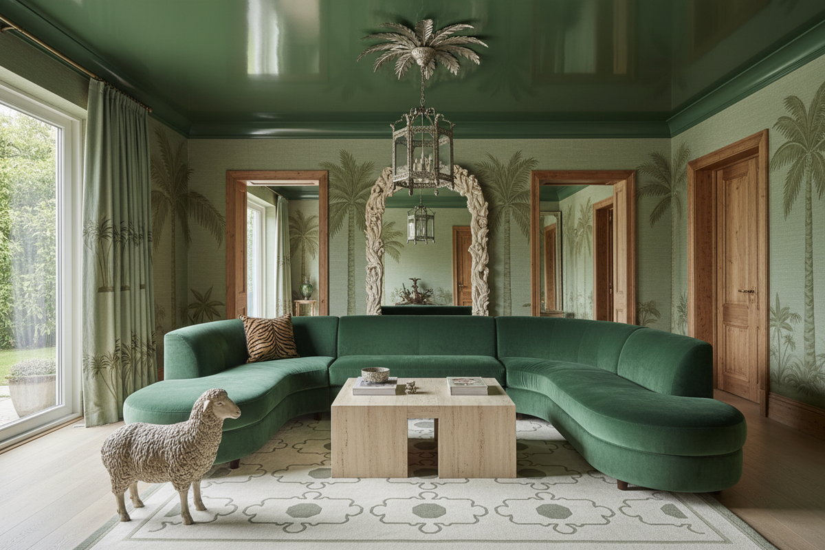 Luxurious living room with a green sectional sofa, wooden coffee table, hand made green rug, and decorative elements.