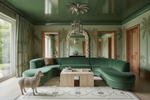 Luxurious living room with a green sectional sofa, wooden coffee table, hand made green rug, and decorative elements.