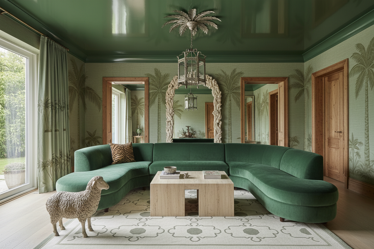 Luxurious living room with a green sectional sofa, wooden coffee table, hand made green rug, and decorative elements.