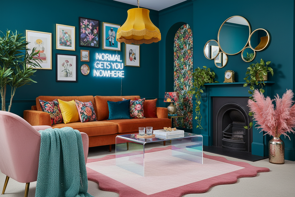 Modern living room with teal walls, orange sofa, pink chair, and decorative scallop rug.