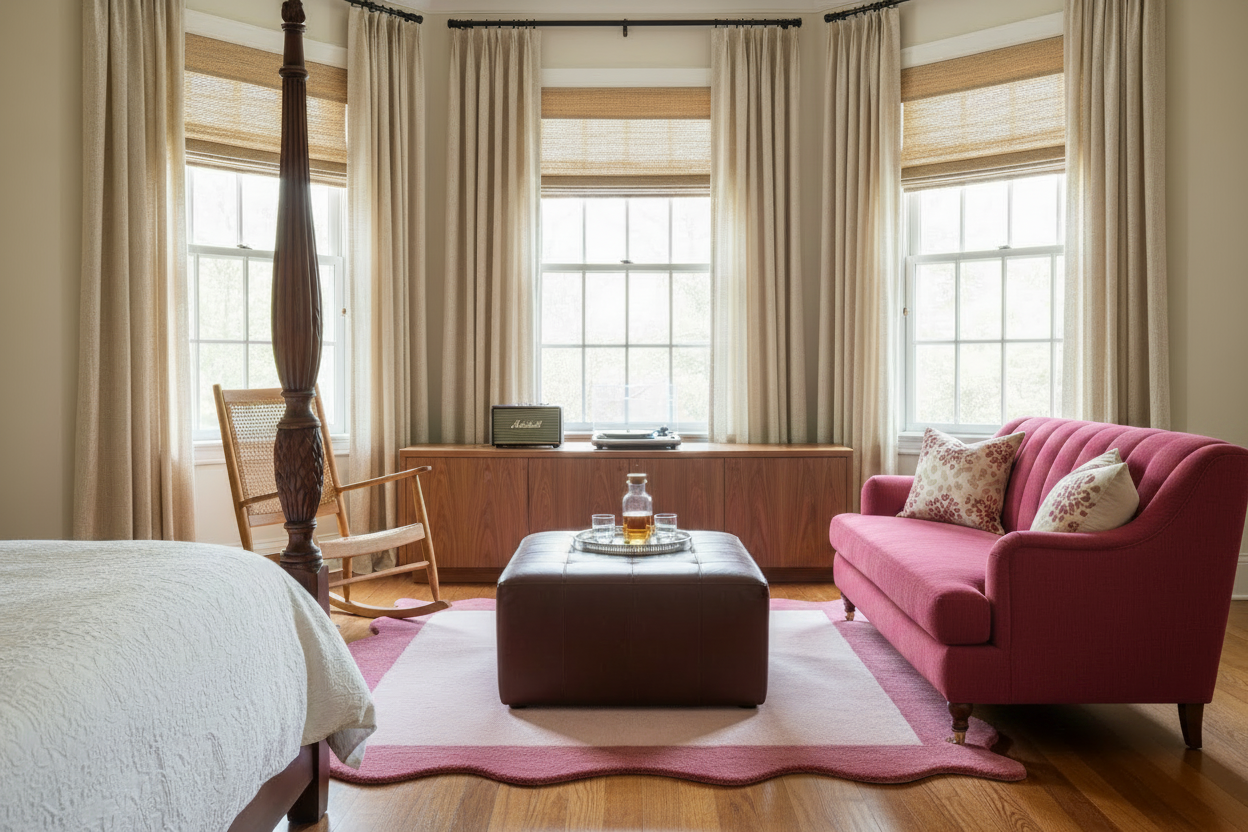 Living room with pink sofa, coffee table, handmade pink tufted rug, and decorative items.
