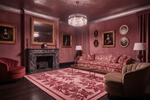 Luxurious living room with pink rug, walls, a chandelier, and classical decor.