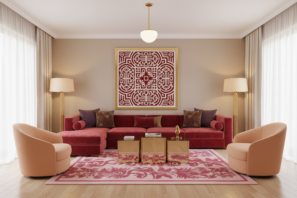 Living room with red sofa, beige armchairs, and decorative rug.