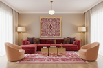 Living room with red sofa, beige armchairs, and decorative rug.