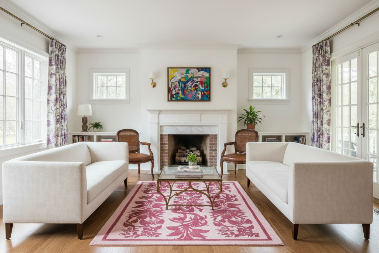 Living room with white sofas, a pink rug, and decorative elements.