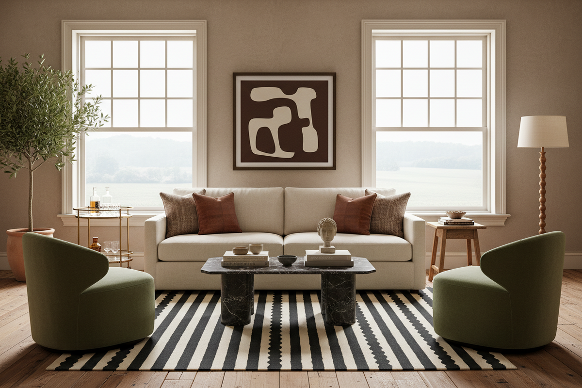 Modern living room with a white sofa, green chairs, black and white rug, and abstract art on the wall.