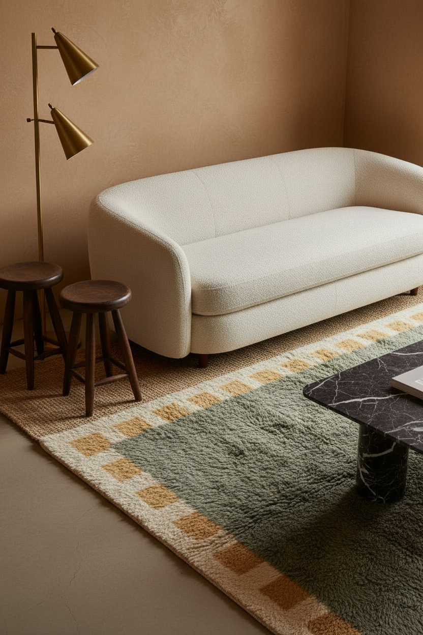 A cream-colored upholstered loveseat sofa in a styled living room corner, next to a brass floor lamp, two dark wooden stools, and a patterned area rug.