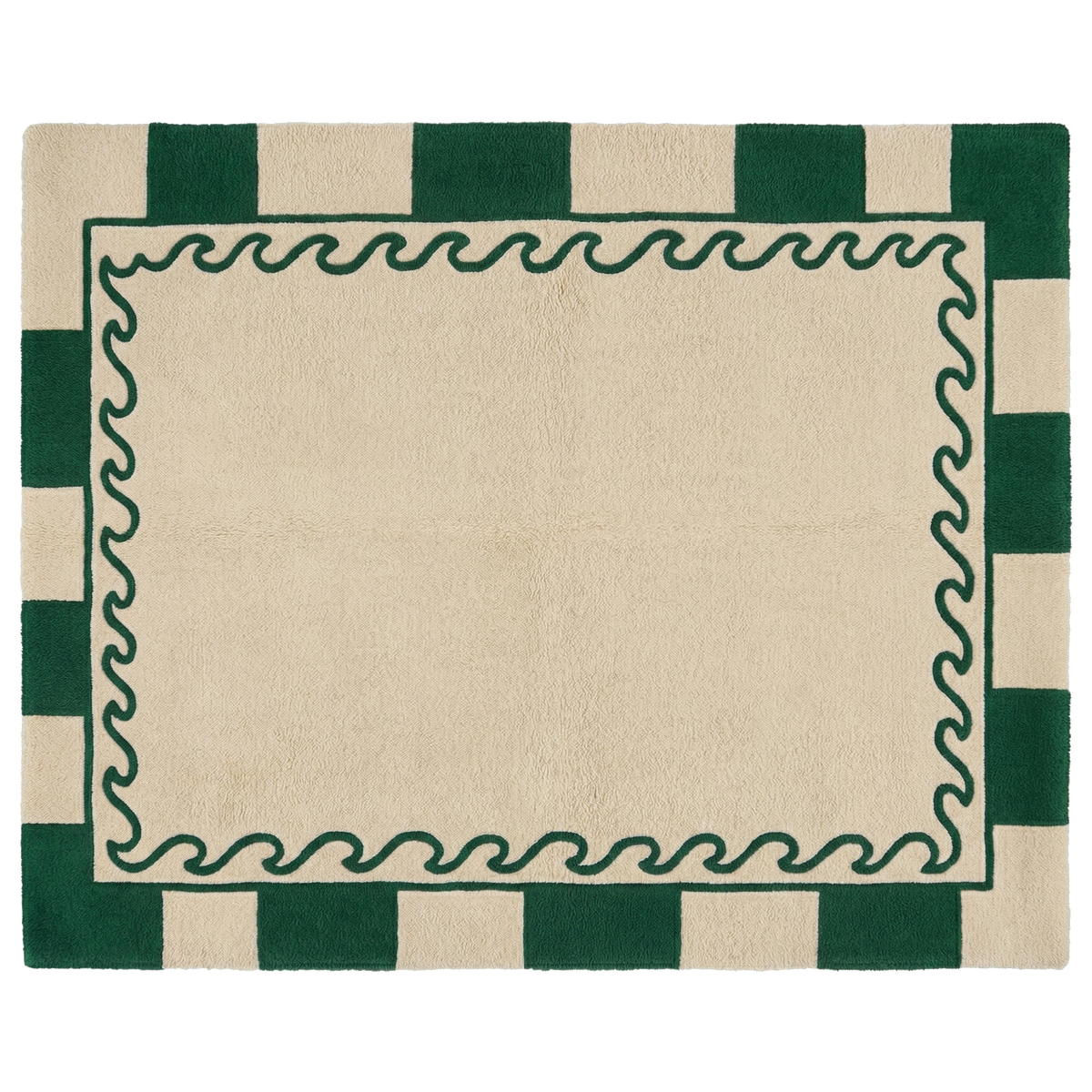 A rectangular cream-colored rug with a dark green border featuring alternating solid green and cream checkered stripes, and a dark green wavy decorative frame surrounding a large blank center.