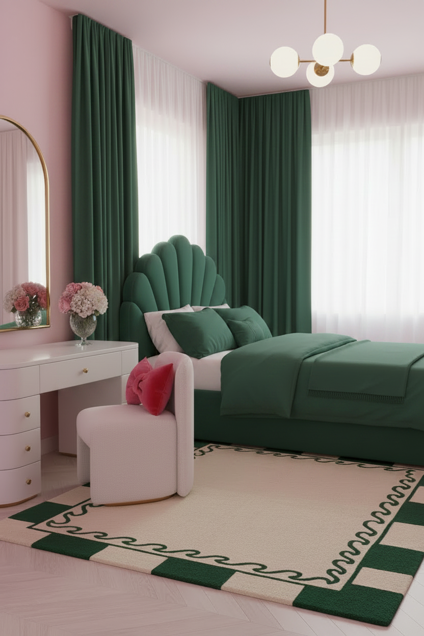 Modern bedroom with green rug, upholstered bed, white desk, and pink walls.