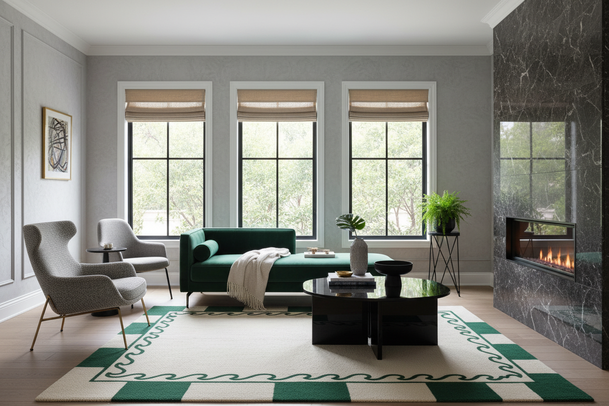 Modern living room with green sofa, gray chairs, and a fireplace.