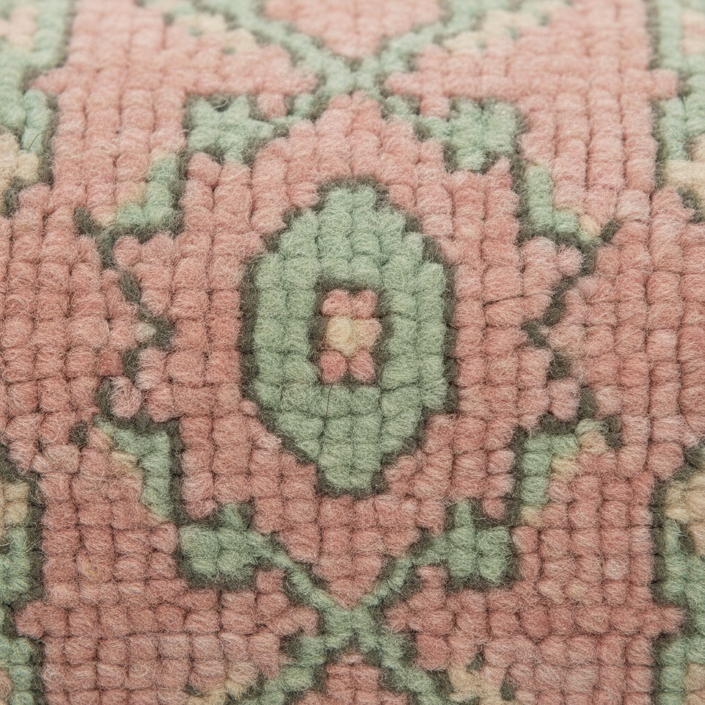 Close-up of a textured woven rug or textile with a dusty pink field, sage green medallions, and dark charcoal outlines.