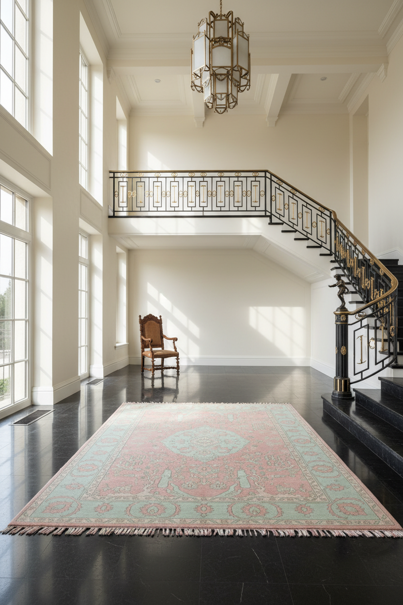 Staircase with ornate railing and large rug in a bright room with high ceilings.