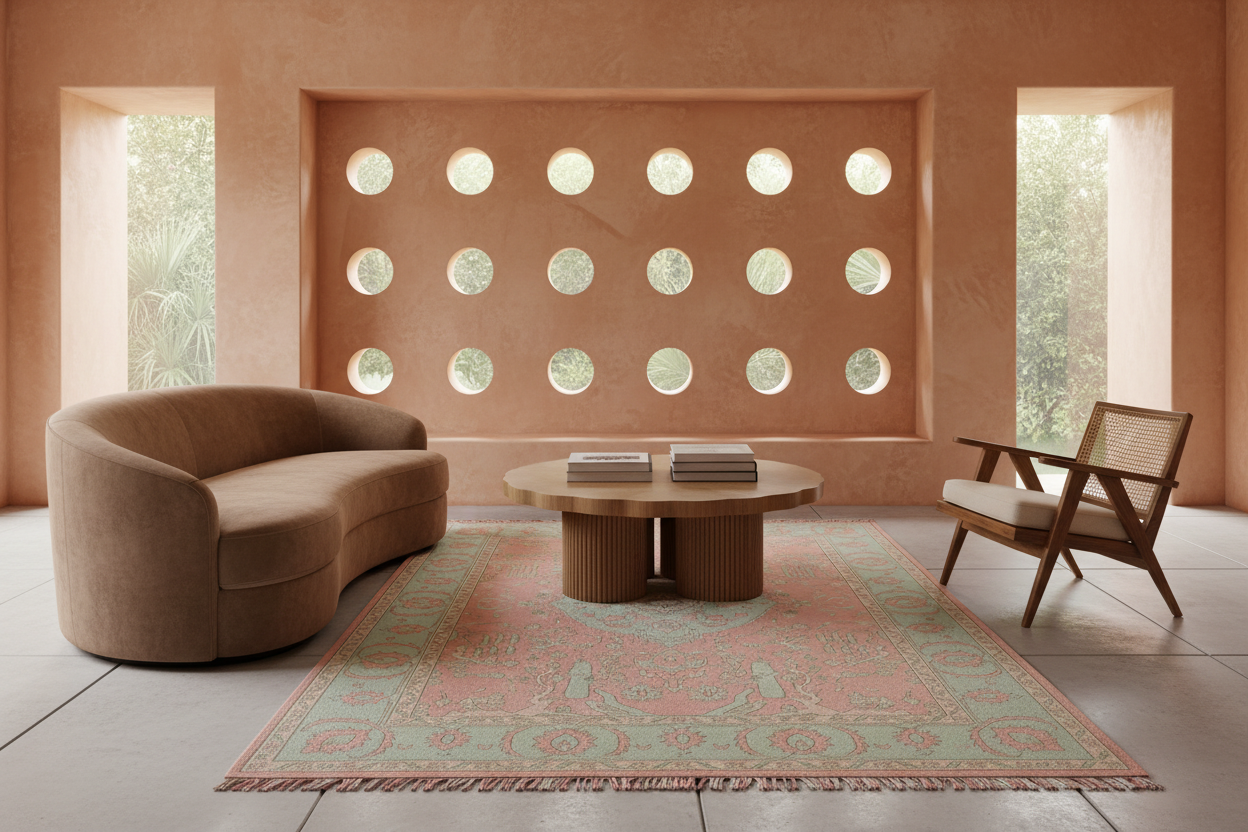 A styled interior scene with a curved upholstered sofa on the left, a mid-century wooden armchair on the right, and a round coffee table centered on a patterned rug. The room has warm terracotta walls, circular window cutouts, and large windows looking out to greenery.