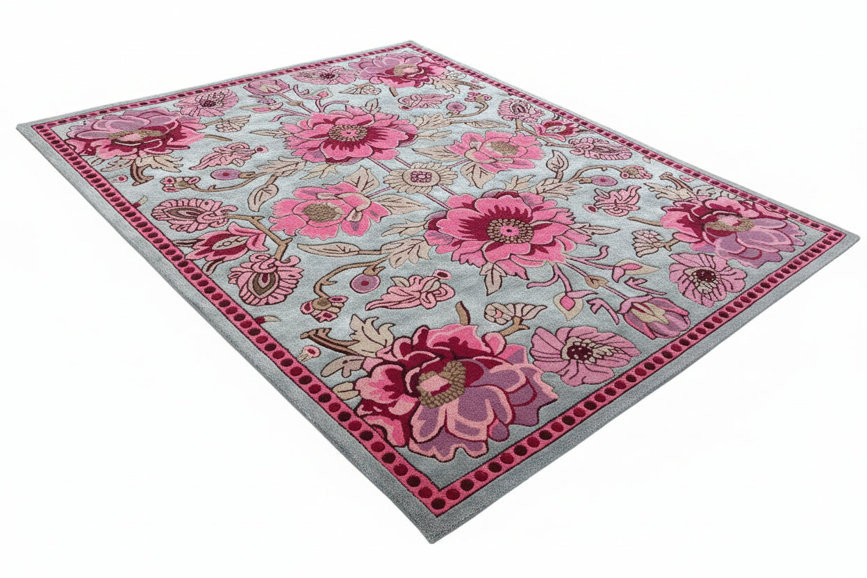 Floral patterned rug with pink flowers on a gray background