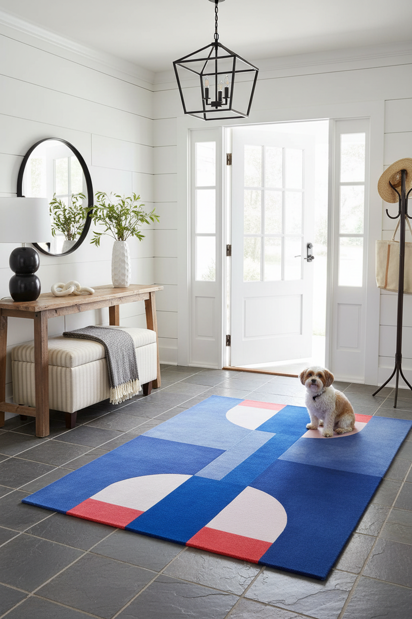 Dog sitting on a colorful geometric rug in a modern living room.