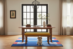 A small white dog sits on a blue, red, and white geometric area rug in a bright, modern room with a wooden table, bench, and large black-framed window.