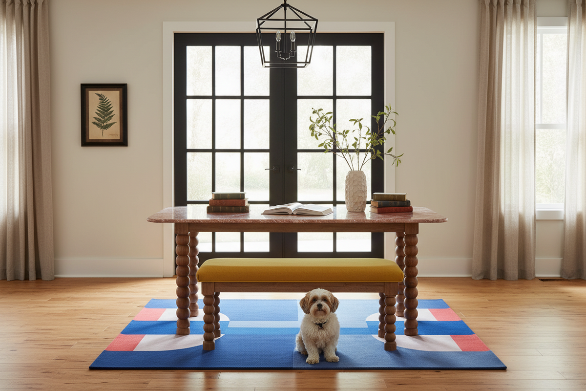 A small white dog sits on a blue, red, and white geometric area rug in a bright, modern room with a wooden table, bench, and large black-framed window.