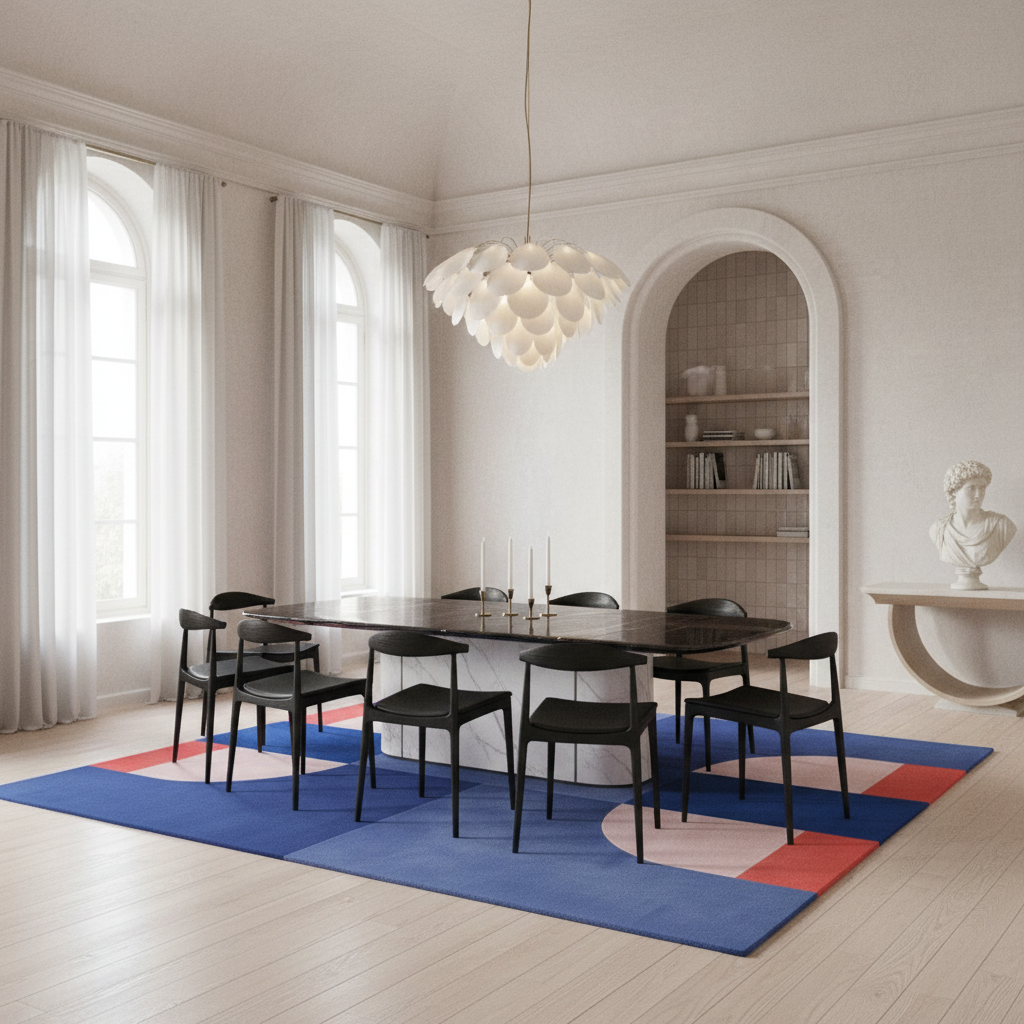 A dining room scene with a black rectangular dining table and six black chairs placed on a large blue, pink, and coral area rug. The room has white walls, tall windows with white curtains, a white pendant chandelier, and an arched built-in niche in the background.