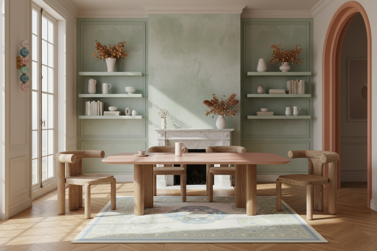 Dining room with tribal green knotted rug, wooden table and chairs, shelves, and a fireplace.