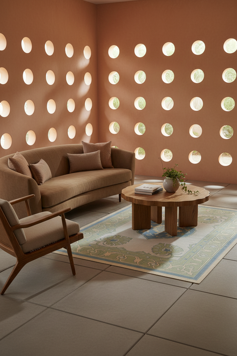 A styled living room corner with a curved tan sofa, matching armchair, round wooden coffee table, patterned area rug, and terracotta walls featuring circular cutout windows.