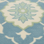 Close-up of a patterned area rug with a light blue base, cream medallion, and pale green accents.