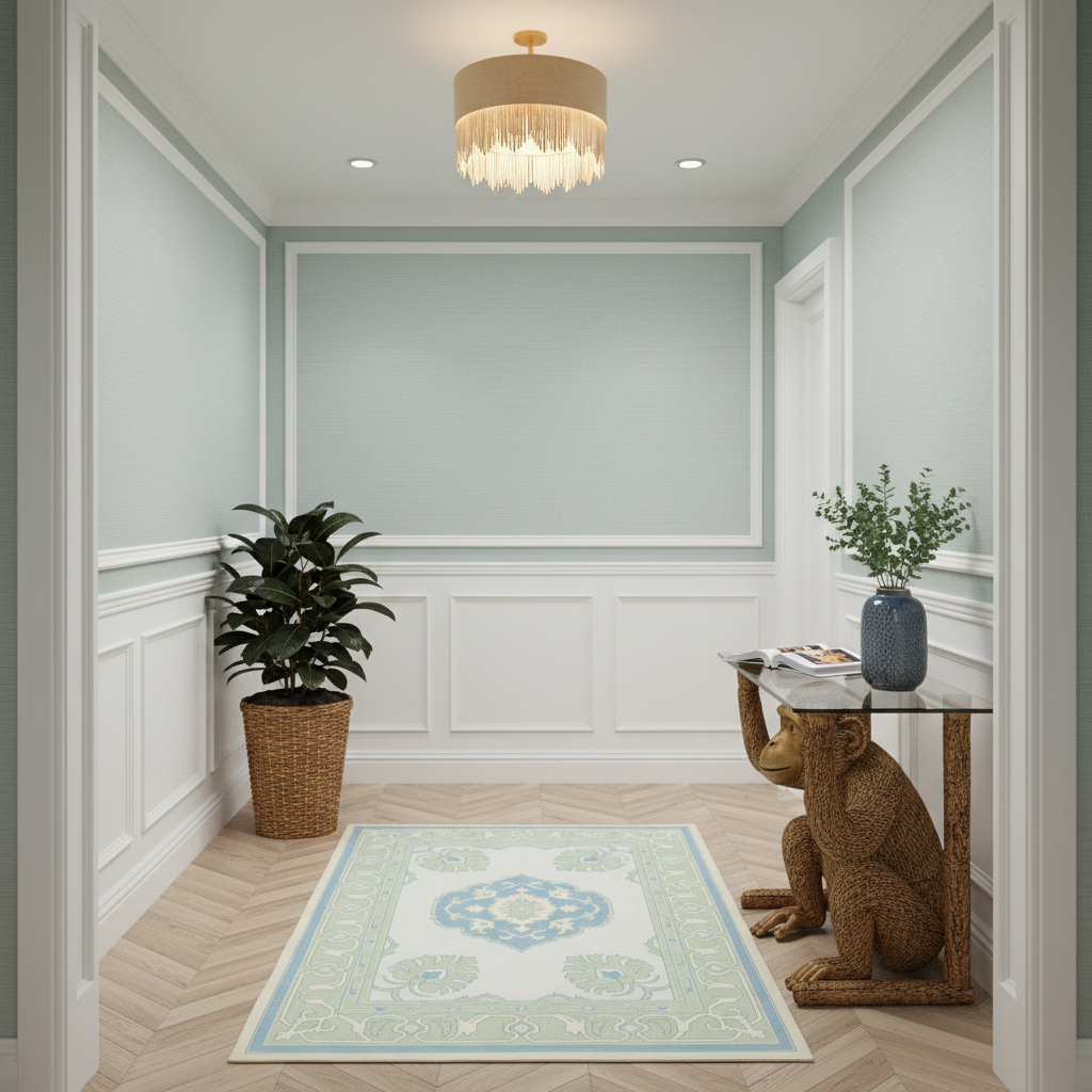 A styled entryway or hallway with pale green walls, white wainscoting, a hanging crystal chandelier, a patterned area rug, a potted plant, and a glass-top console table with a carved wooden seat.