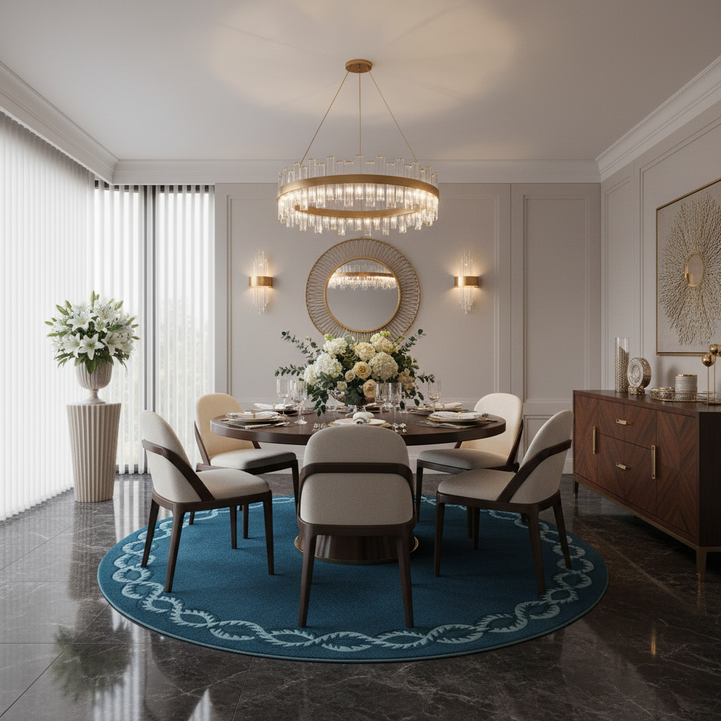 A luxury dining room featuring a round dark wood dining table surrounded by six cream upholstered chairs with dark wood frames, set on a blue patterned round rug. The room is decorated with a gold crystal chandelier, a matching round wall mirror, a dark wood sideboard, and a large potted plant.