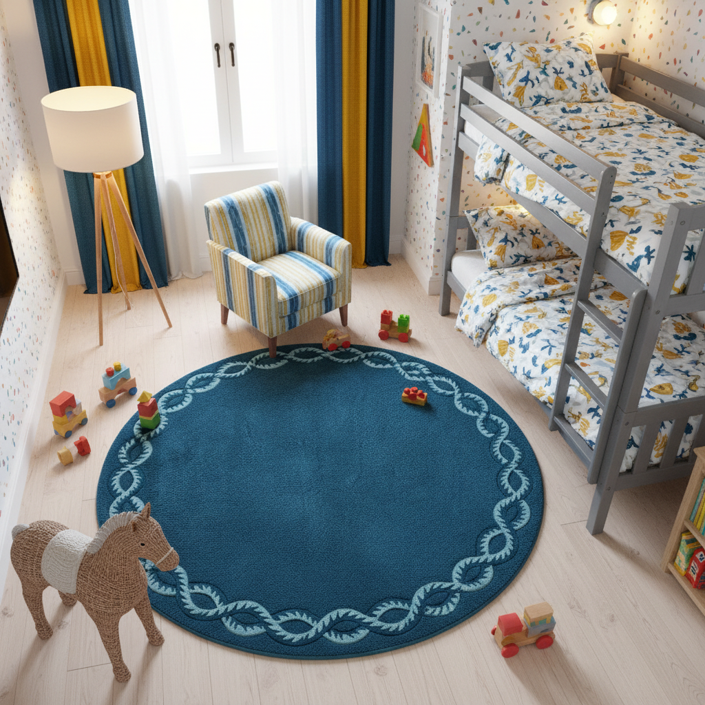 A round dark blue children's rug with a light blue rope border is shown in a styled children's bedroom. The room features a gray wooden bunk bed with yellow and blue patterned bedding, a striped armchair, a wooden toy horse, and a tripod floor lamp.