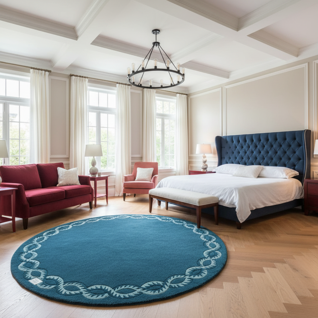 A styled bedroom interior featuring a large round teal blue rug with a white decorative border, placed on a light wood herringbone floor. The room includes a bed with a tufted navy headboard, white bedding, a red sofa, a red armchair, and a black chandelier.