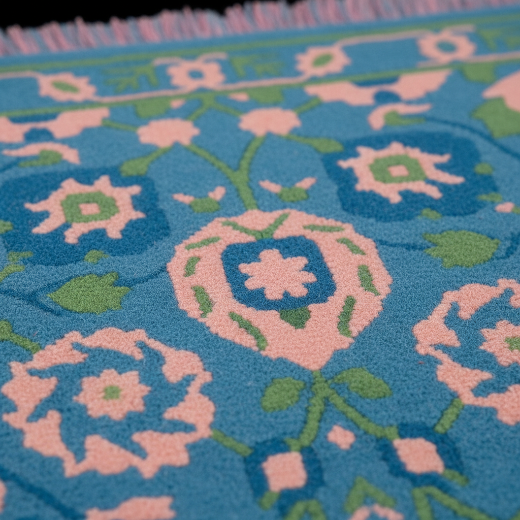 A close-up of a patterned rug with a bright blue base, pink floral motifs, and green stems and leaves. The top edge shows a matching blue fringe.