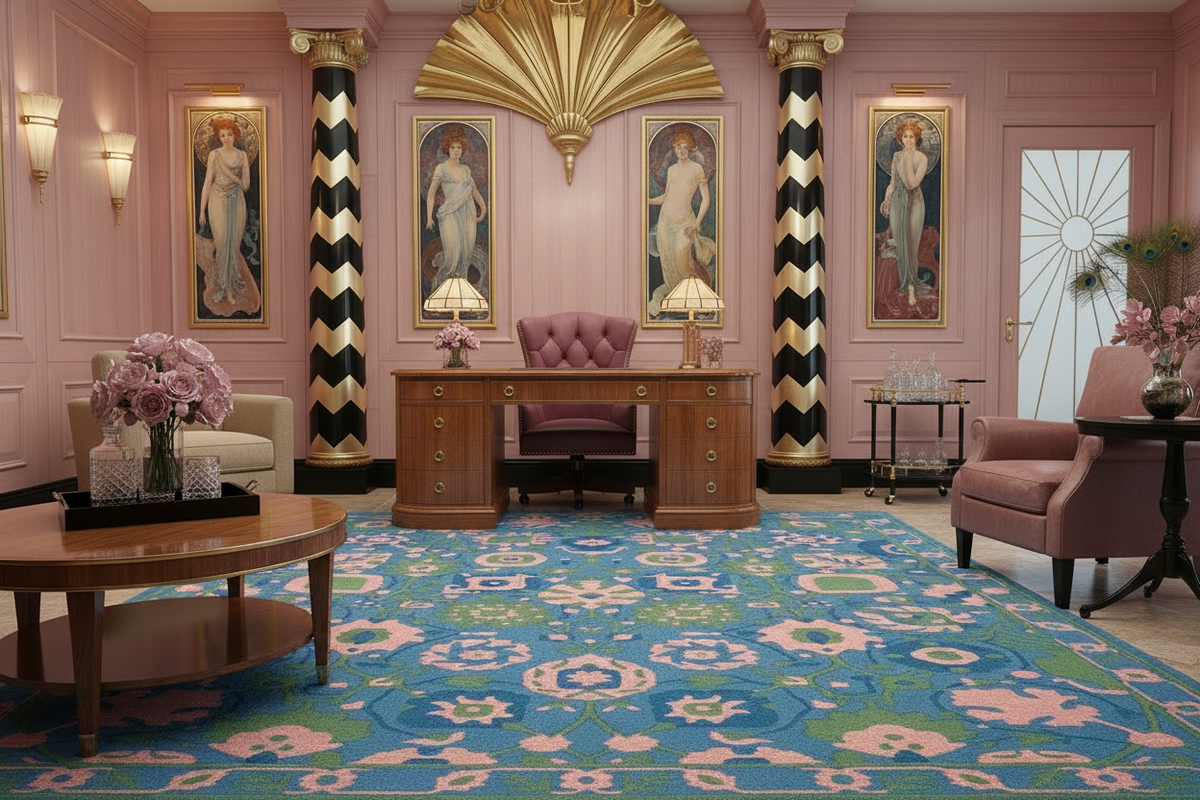 Luxurious interior with pink walls, decorative columns, and a patterned rug.